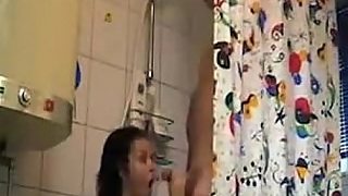 ick sucking her fat uncircumcised cock at the shower